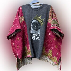 Upcycled PUG T w/ Kantha sleeves and gold sequence detail on back , by Susie.
